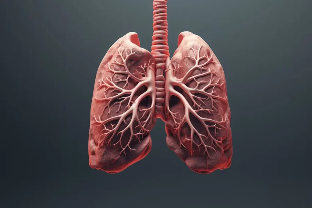Representação tridimensional dos pulmões humanos, destacando a traqueia, brônquios e rede de vasos sanguíneos em um fundo escuro.